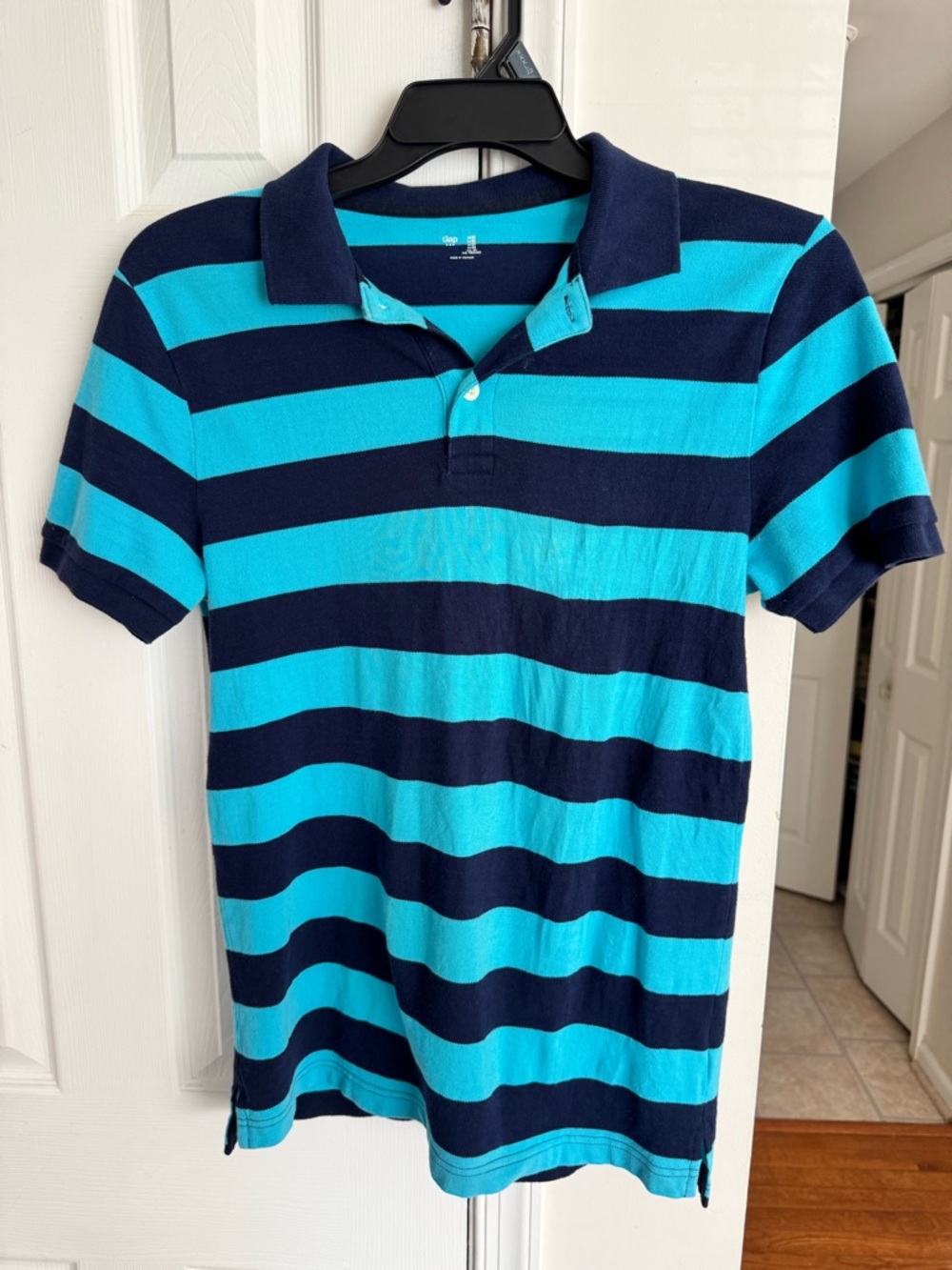 GAP Men’s Medium Striped Polo Shirt Short Sleeve Blue Navy Cotton Stained As Is